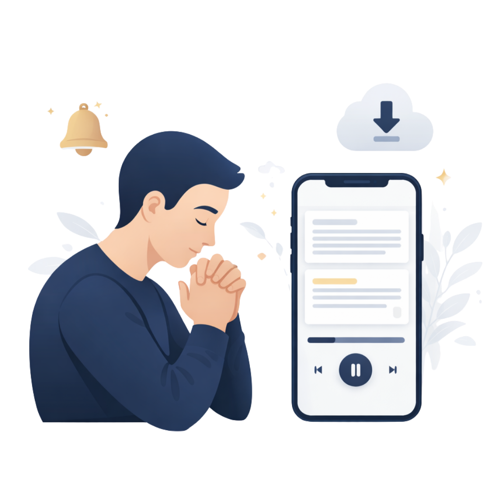 Pessoa rezando com áudio do app LiturgyX