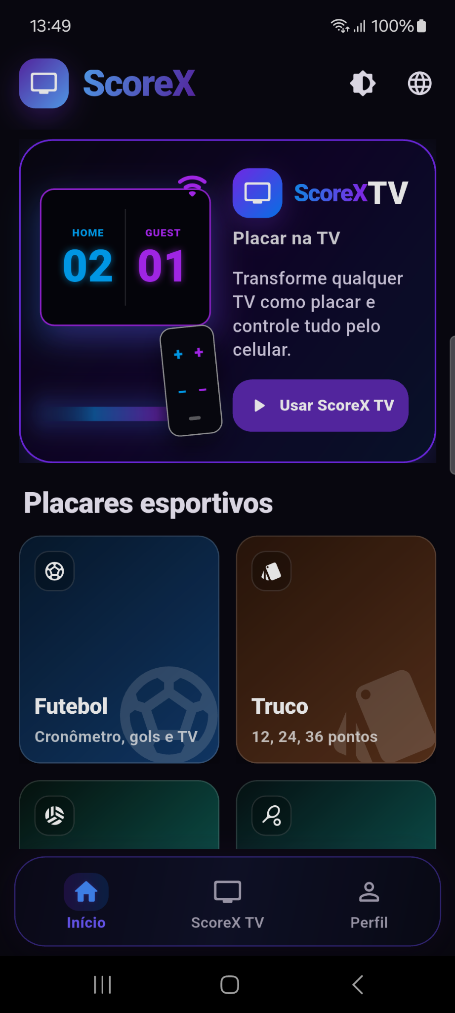 Tela inicial do ScoreX com ScoreX TV