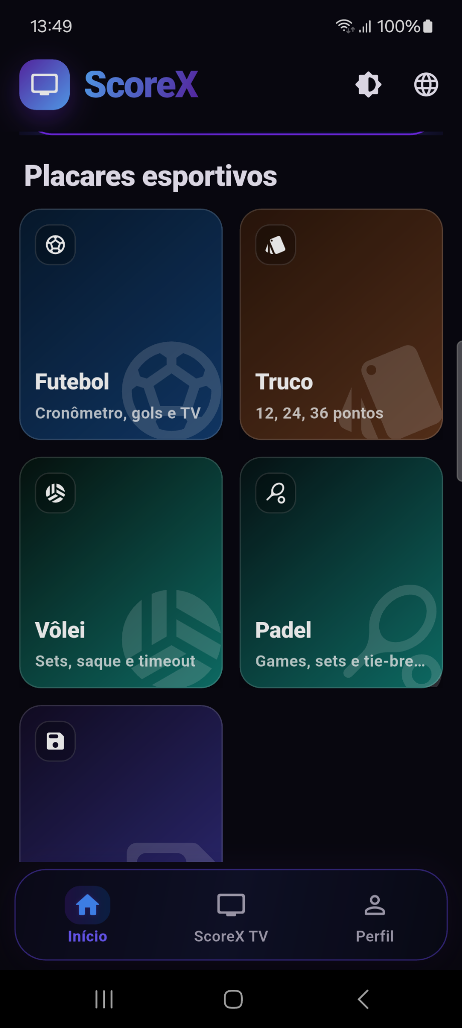 Tela inicial do ScoreX